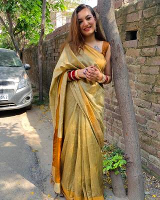 Beige Woven Cotton Silk Saree With Blouse 7