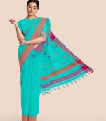 Teal Blue Khadi Cotton Handloom Saree with Blouse Piece