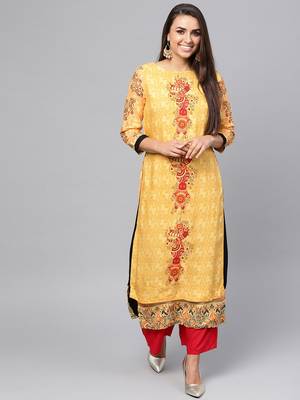 Yellow printed rayon kurtis 1