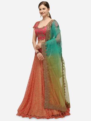 lehanga Saree concept in shaded pallu with blue and liril green colour ombre. 3