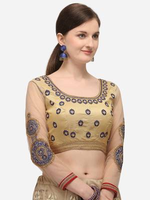 beige raschel net lehenga saree with self embroidery thread work 2