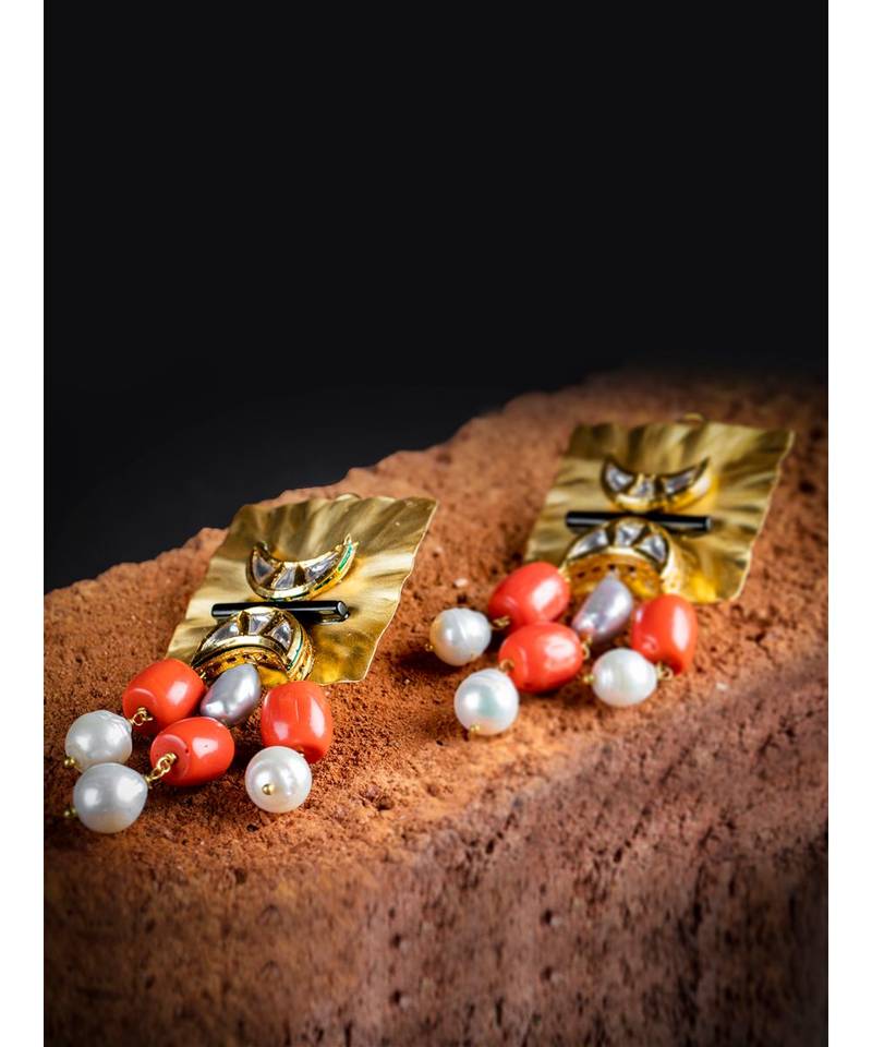 Orange Gold Toned Dangle Earrings