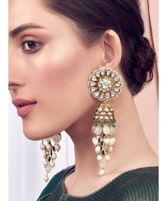 Green Grey White Gold Tone Jhumka Wedding Earrings 1