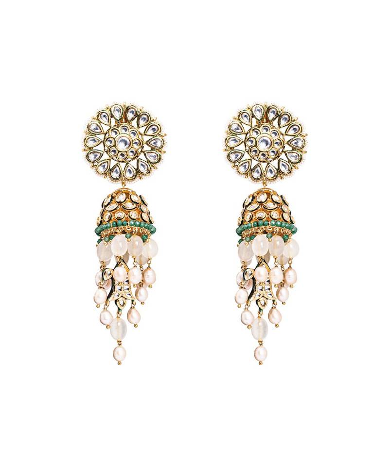 Green Grey White Gold Tone Jhumka Wedding Earrings