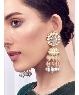 Grey Gold Tone Kundan Polki Jhumka Bridal Earrings 1