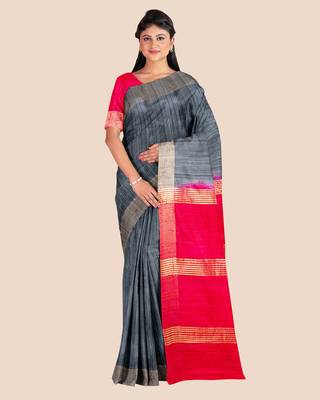 Slate Grey Reddish Pink Pure Tussar Ghicha Silk Handwoven Saree with Contrast Pallu and Blouse Piece 1