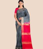 Slate Grey Reddish Pink Pure Tussar Ghicha Silk Handwoven Saree with Contrast Pallu and Blouse Piece