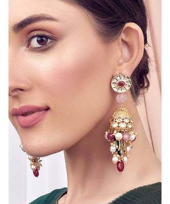 Pink White Gold Tone Imitation Polki Wedding Earrings 1