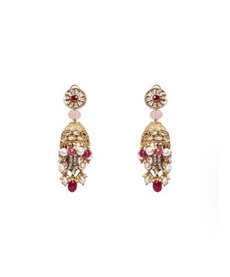 Pink White Gold Tone Imitation Polki Wedding Earrings 2