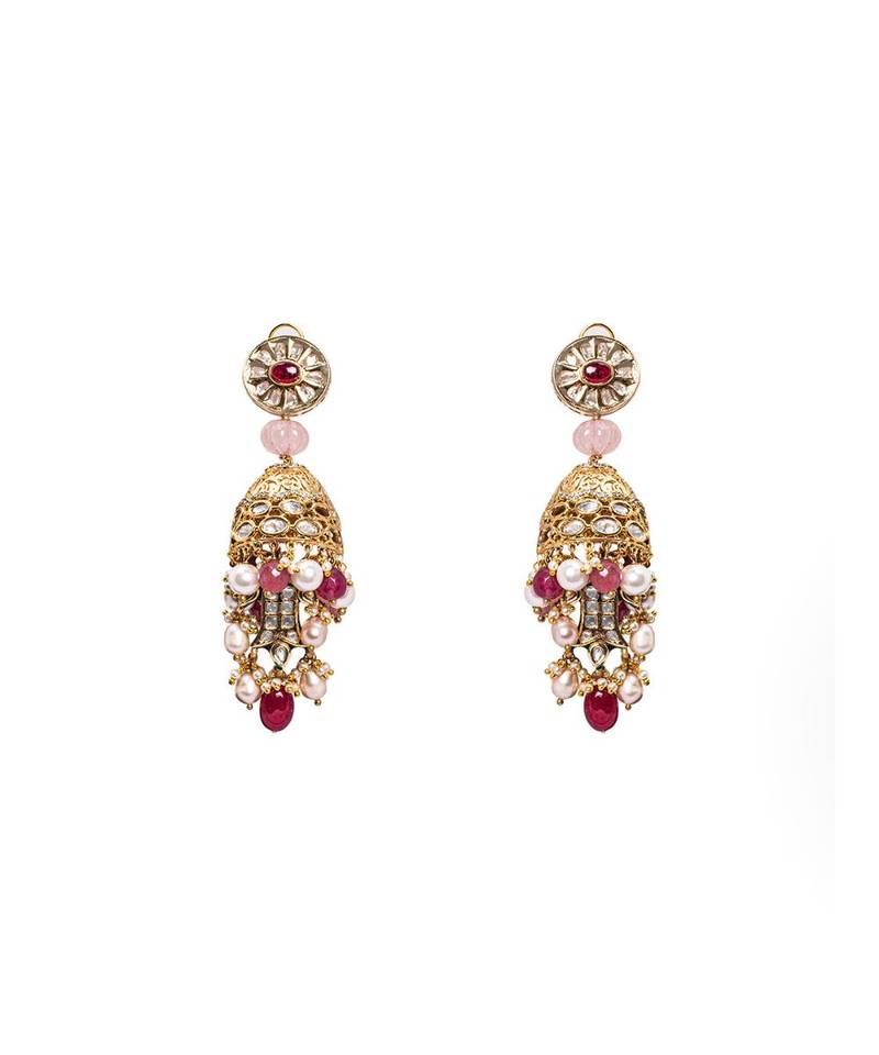 Pink White Gold Tone Imitation Polki Wedding Earrings