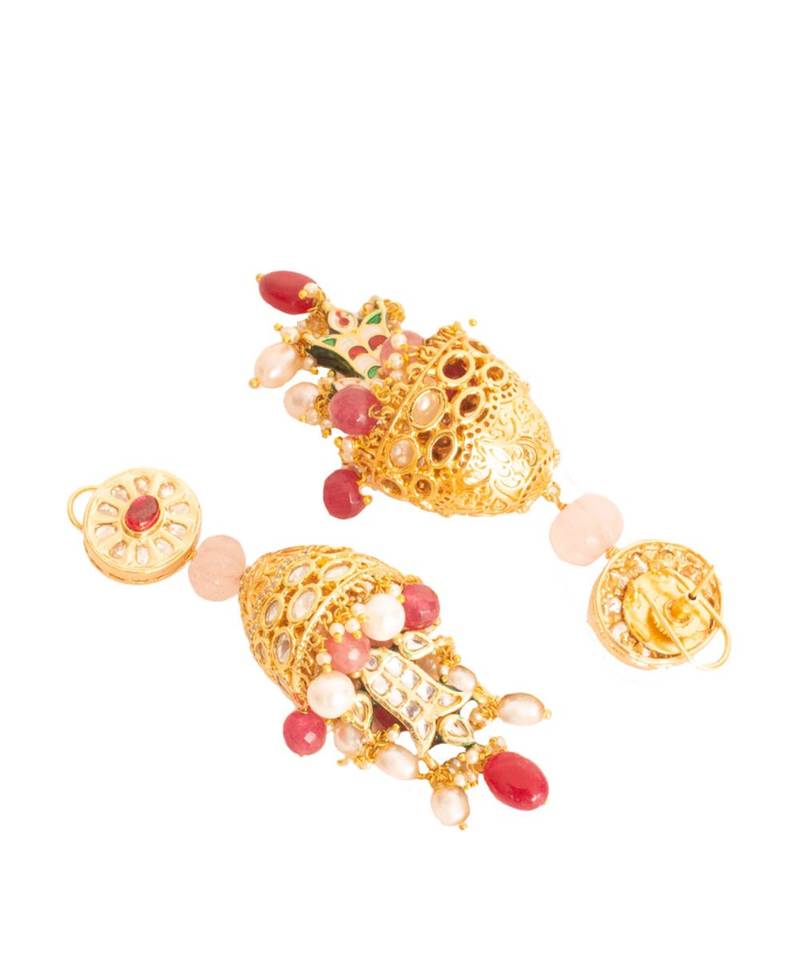 Pink White Gold Tone Imitation Polki Wedding Earrings