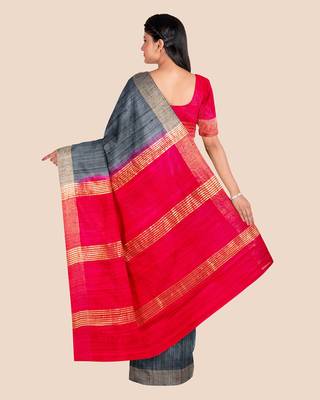 Slate Grey Reddish Pink Pure Tussar Ghicha Silk Handwoven Saree with Contrast Pallu and Blouse Piece 2