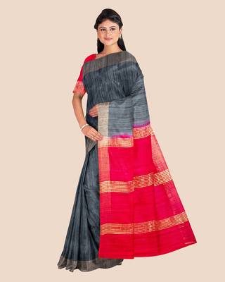 Slate Grey Reddish Pink Pure Tussar Ghicha Silk Handwoven Saree with Contrast Pallu and Blouse Piece 3