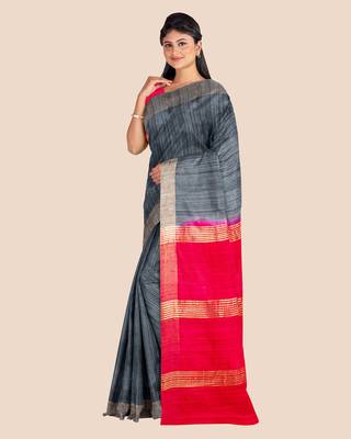 Slate Grey Reddish Pink Pure Tussar Ghicha Silk Handwoven Saree with Contrast Pallu and Blouse Piece 4