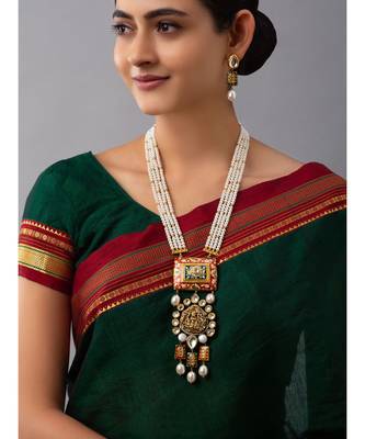 Meenakari gold necklace set in Kundan Polki and shell pearls 1