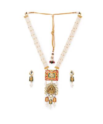 Meenakari gold necklace set in Kundan Polki and shell pearls 2