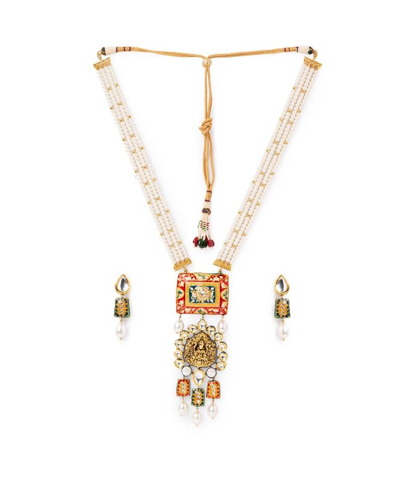 Meenakari gold necklace set in Kundan Polki and shell pearls