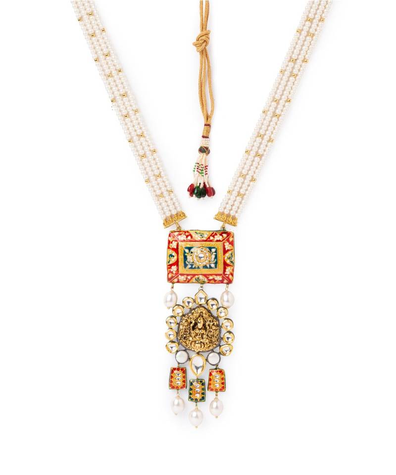 Meenakari gold necklace set in Kundan Polki and shell pearls