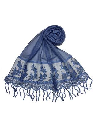 Diamond Studed Hijab With Border and Fringe's  Blue 3