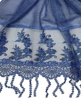 Diamond Studed Hijab With Border and Fringe's  Blue 4