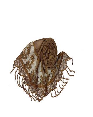 Diamond Studed Hijab With Border and Fringe's  Brown 2