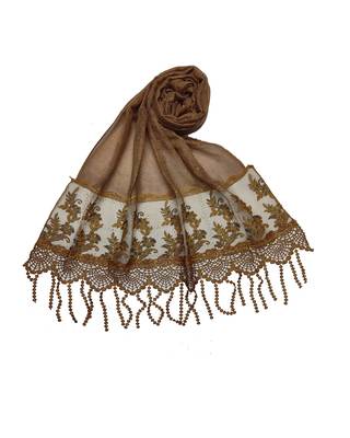 Diamond Studed Hijab With Border and Fringe's  Brown 3