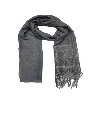 Diamond Studed Hijab With Border and Fringe's  Light Grey 1