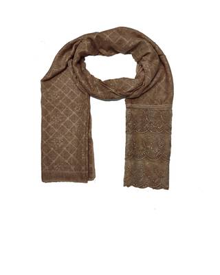 Cotton Checkered Designer Diamond Studed Stole  Light Brown 1