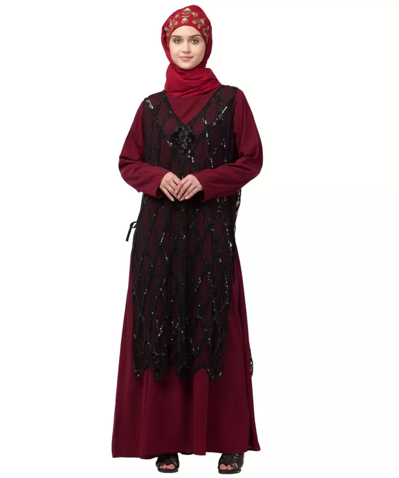 Nazneen Two Piece Diamond cut fully Beaded Front and Back Party Abaya