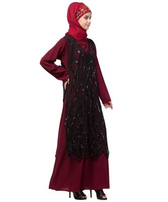Nazneen Two Piece Diamond cut fully Beaded Front and Back Party Abaya 4