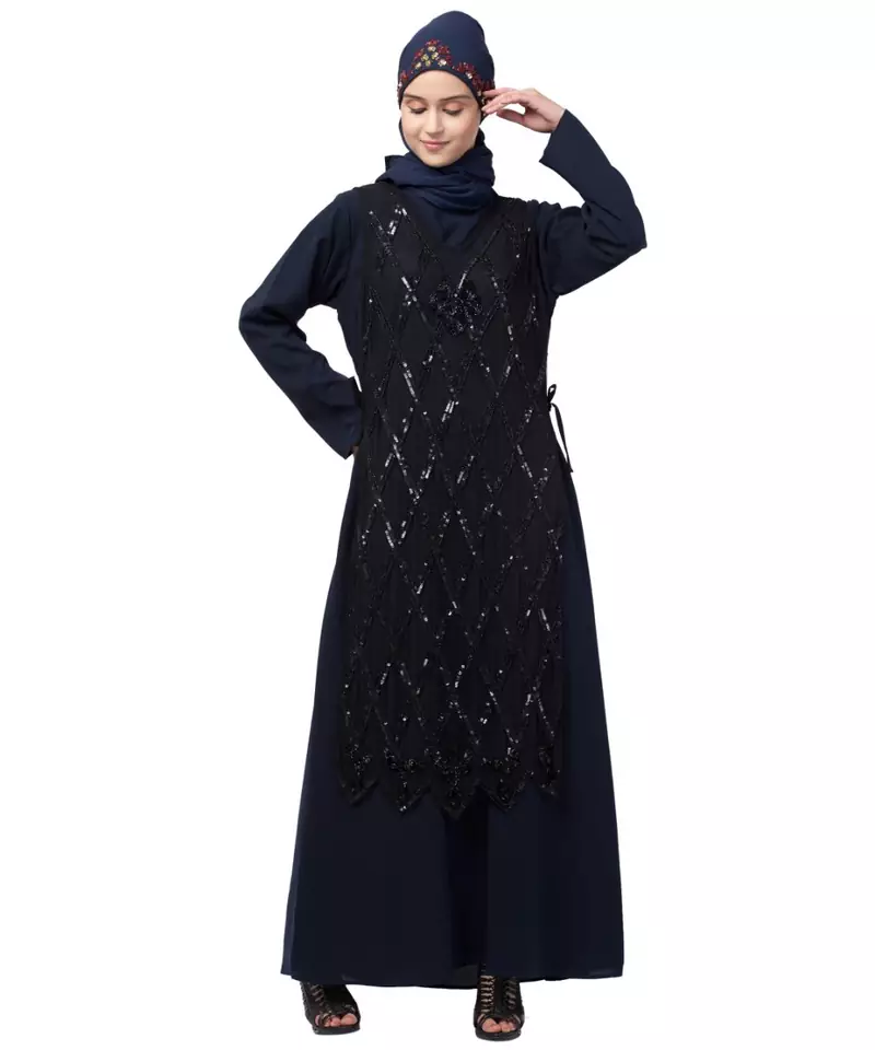 Nazneen Two Piece Diamond cut fully Beaded Front and Back Party Abaya
