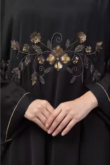 Nazneen Hand work across front Antique Brass  embroidery  Nida Kaftan