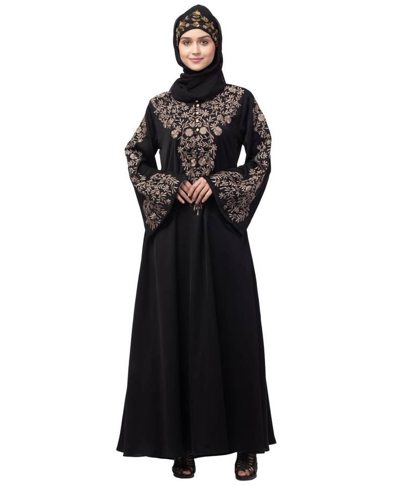 Nazneen Neck and Sleeve Resham Embroidered  A line Party Abaya