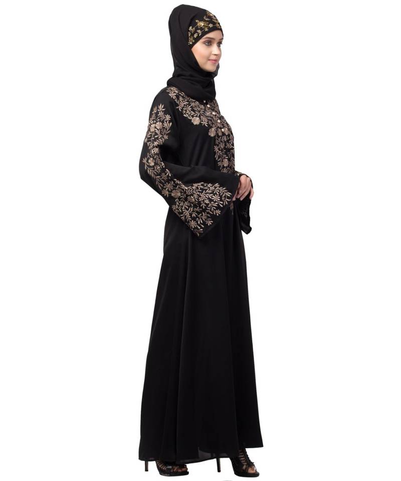 Nazneen Neck and Sleeve Resham Embroidered  A line Party Abaya