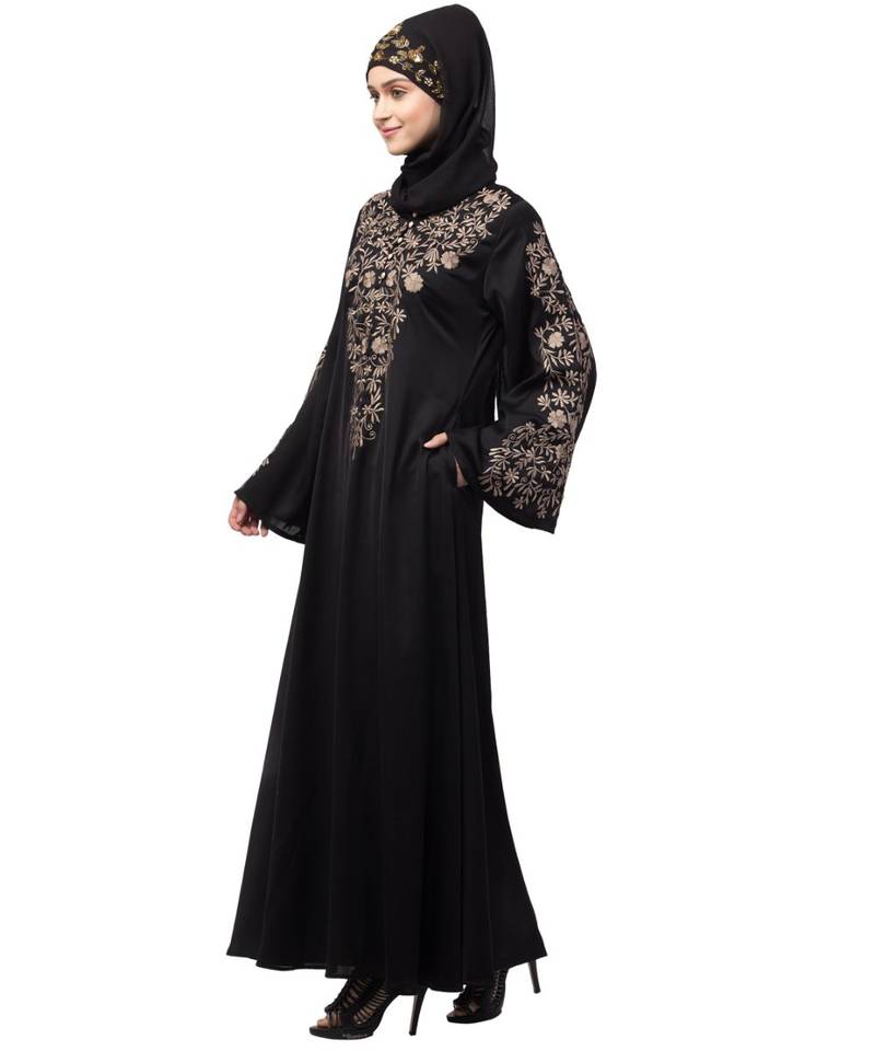 Nazneen Neck and Sleeve Resham Embroidered  A line Party Abaya