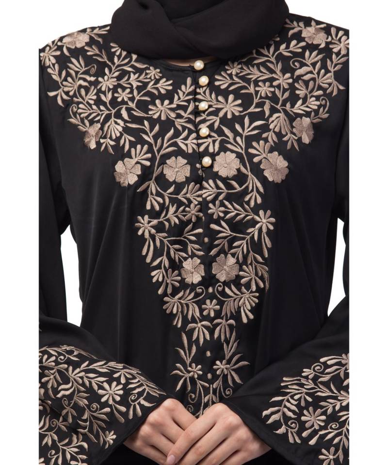 Nazneen Neck and Sleeve Resham Embroidered  A line Party Abaya