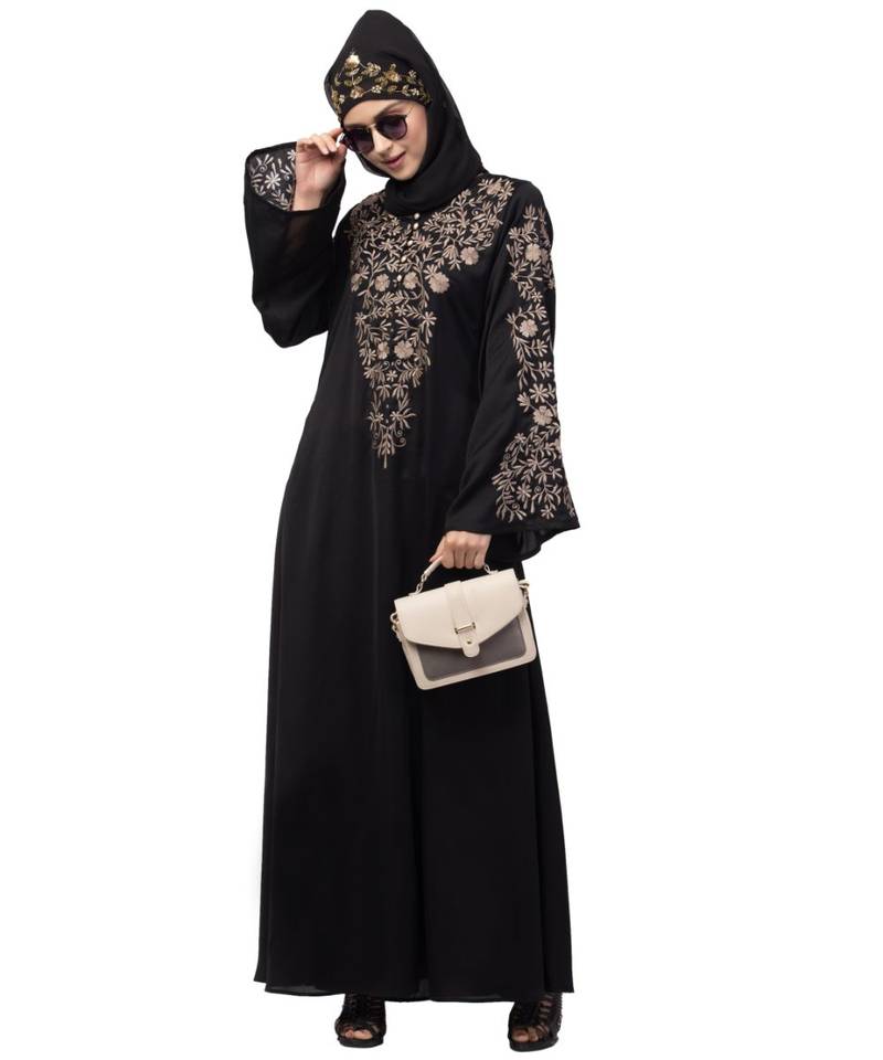 Nazneen Neck and Sleeve Resham Embroidered  A line Party Abaya