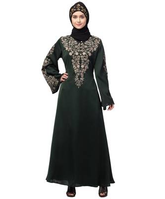 Black Nazneen Neck and Sleeve Resham Embroidered Eid Ramadan A-Line Party Abaya 2