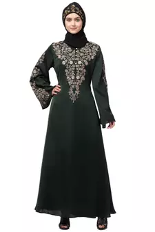Black Nazneen Neck and Sleeve Resham Embroidered Eid Ramadan A-Line Party Abaya