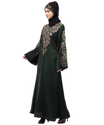 Black Nazneen Neck and Sleeve Resham Embroidered Eid Ramadan A-Line Party Abaya 3