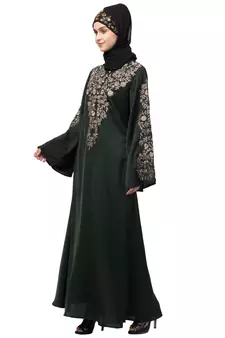 Black Nazneen Neck and Sleeve Resham Embroidered Eid Ramadan A-Line Party Abaya