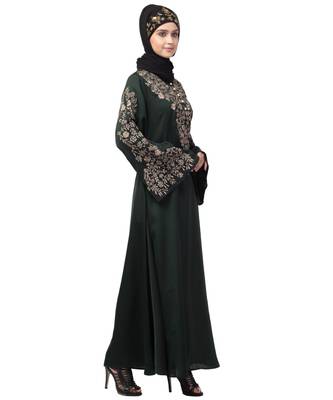 Black Nazneen Neck and Sleeve Resham Embroidered Eid Ramadan A-Line Party Abaya 4