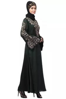 Black Nazneen Neck and Sleeve Resham Embroidered Eid Ramadan A-Line Party Abaya