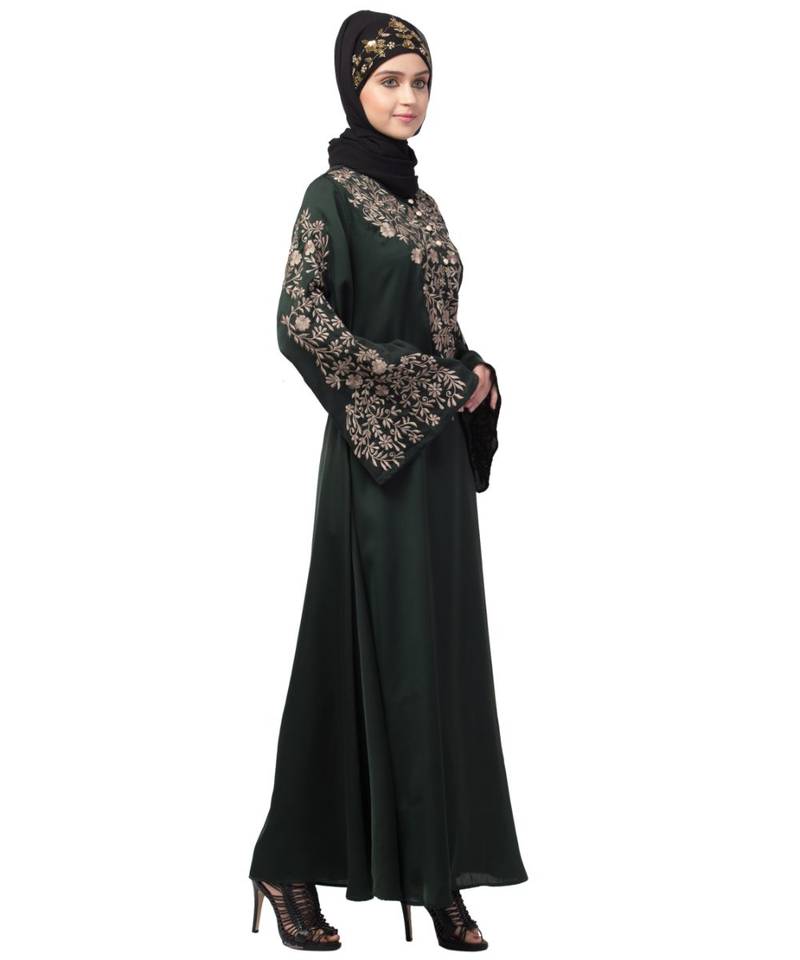 Black Nazneen Neck and Sleeve Resham Embroidered Eid Ramadan A-Line Party Abaya