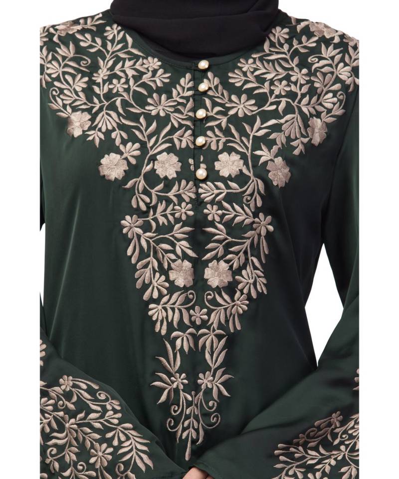 Black Nazneen Neck and Sleeve Resham Embroidered Eid Ramadan A-Line Party Abaya