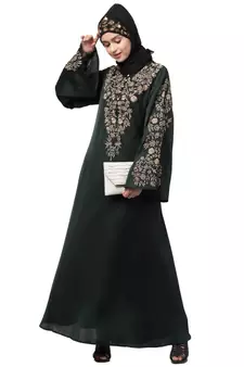 Black Nazneen Neck and Sleeve Resham Embroidered Eid Ramadan A-Line Party Abaya