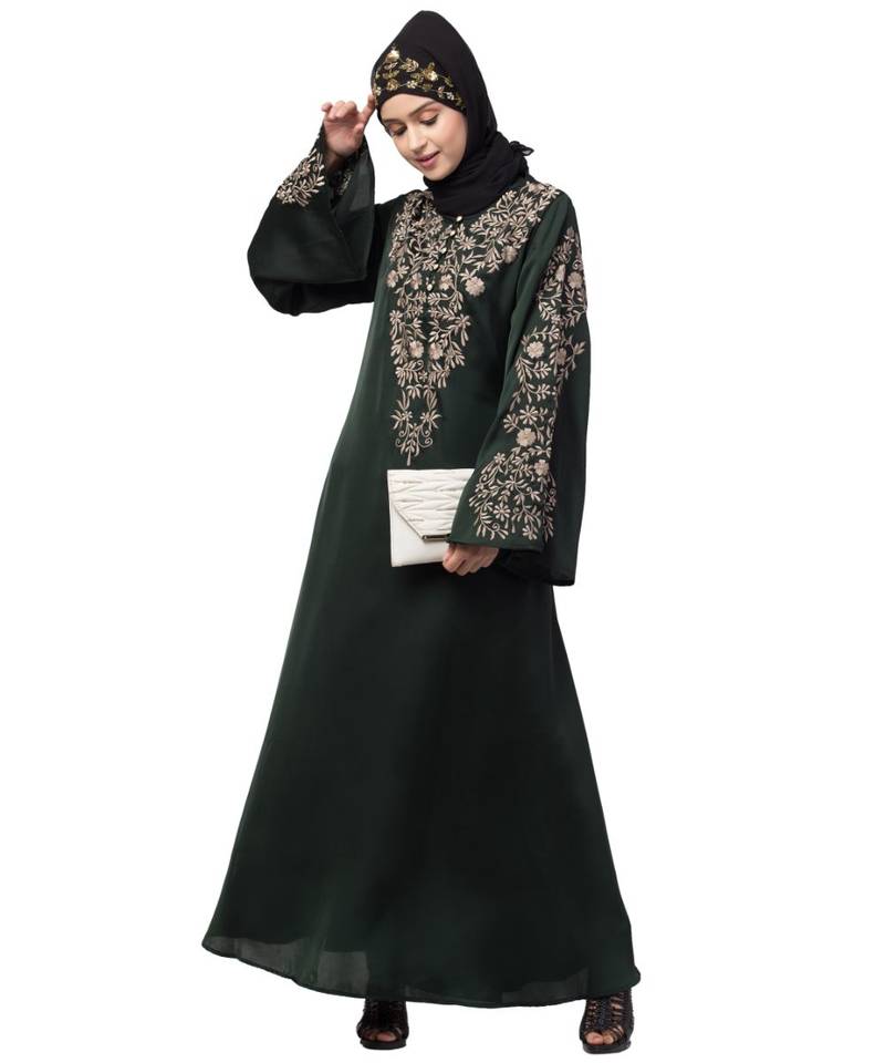 Black Nazneen Neck and Sleeve Resham Embroidered Eid Ramadan A-Line Party Abaya
