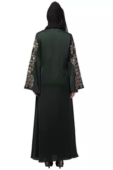 Black Nazneen Neck and Sleeve Resham Embroidered Eid Ramadan A-Line Party Abaya