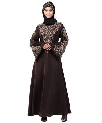 Nazneen Neck and Sleeve Resham Embroidered  A line Party Abaya 1