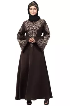 Nazneen Neck and Sleeve Resham Embroidered  A line Party Abaya